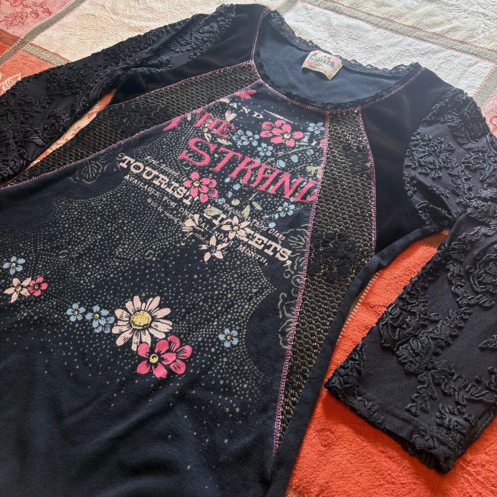 Edista Y2K Black THE STRAND Floral Lace Mixed Media Top M